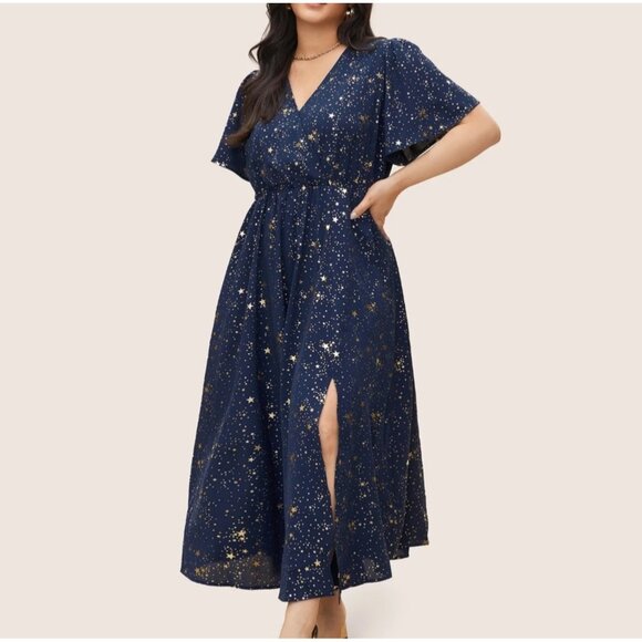 BloomChic Navy Star Button Pocket Wrap Split Ruffles Maxi Dress Sz 14/16 (XL) Wo - Picture 1 of 14